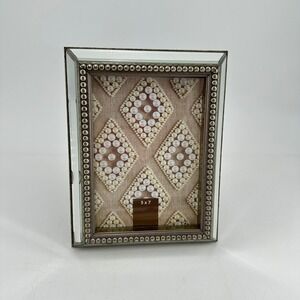 Mirrored Beveled Glass Picture Frame Beaded Silver Trim 5x7 Tabletop Wall Hang